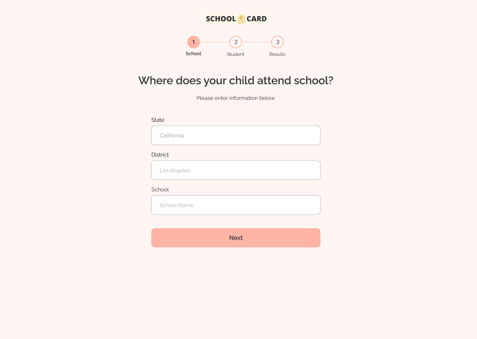 Preview of school card - asks: Where does your child attend school? with 3 inputs of state, district and school
